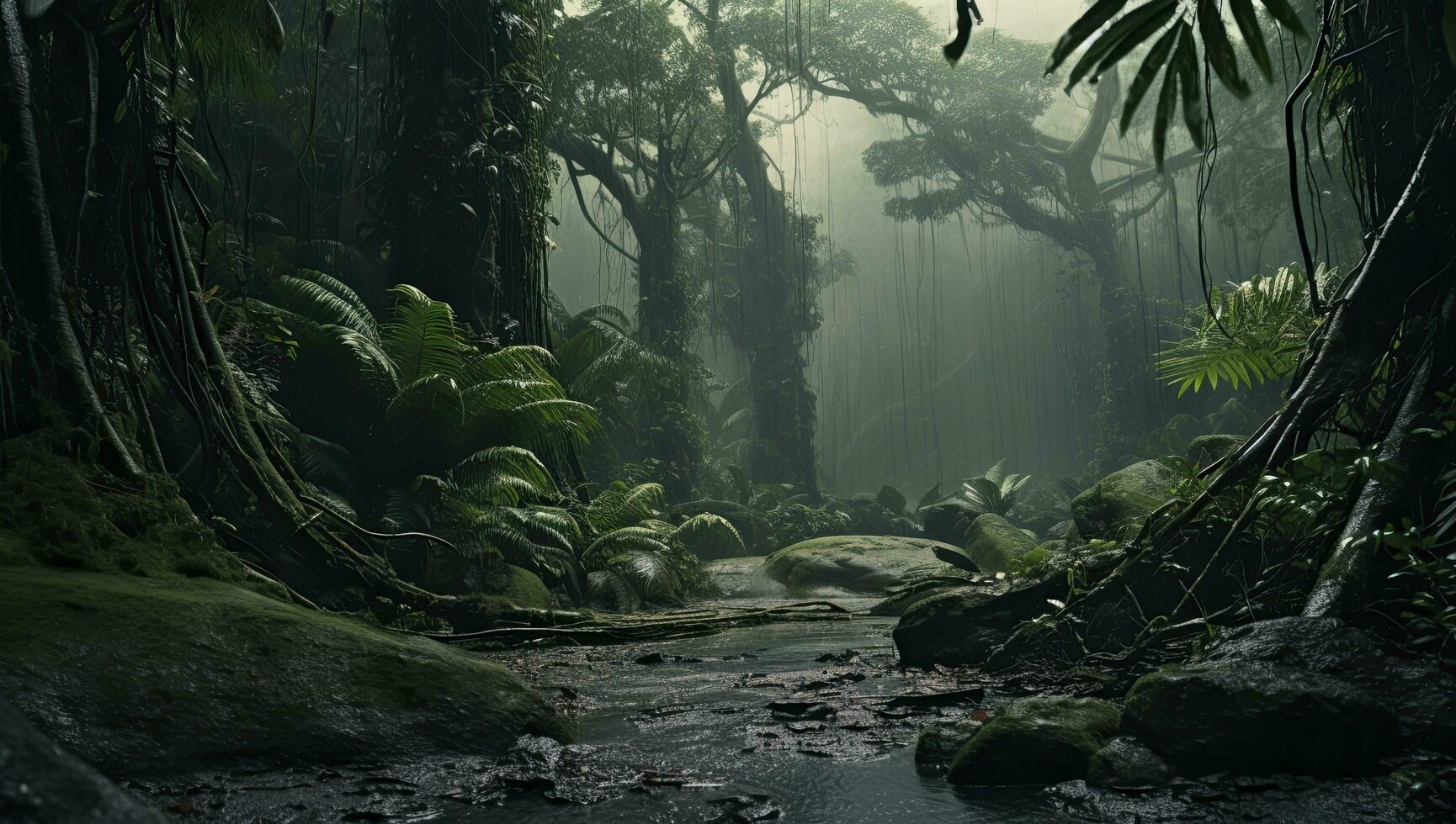 AI generated Landscape of tropical green forest with trees and dark clouds photo