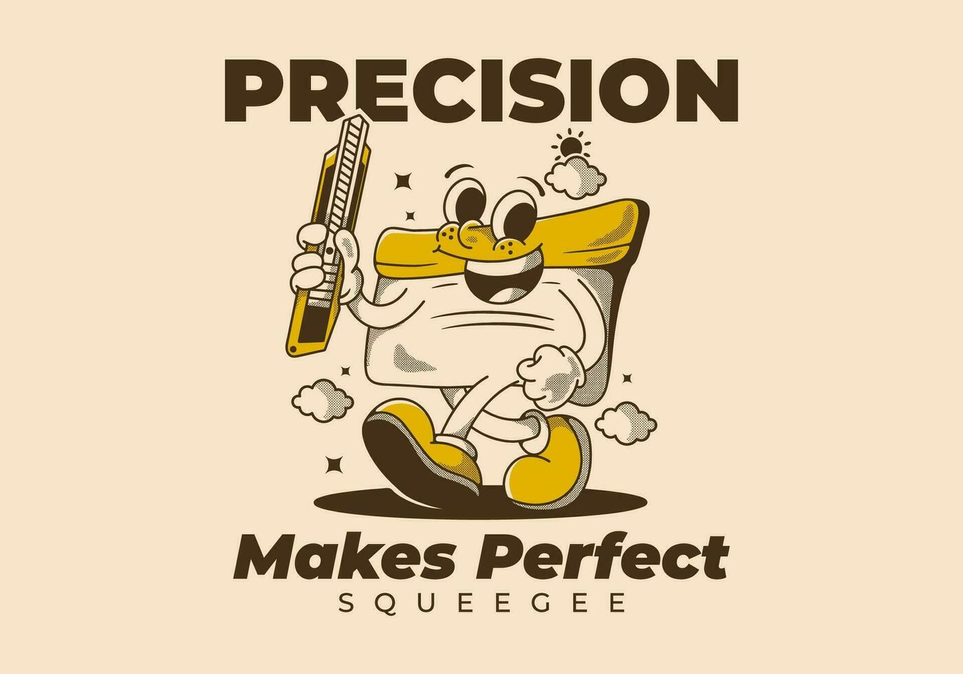 Precision makes perfect. Squeegee mascot character holding a blade, vintage style vector