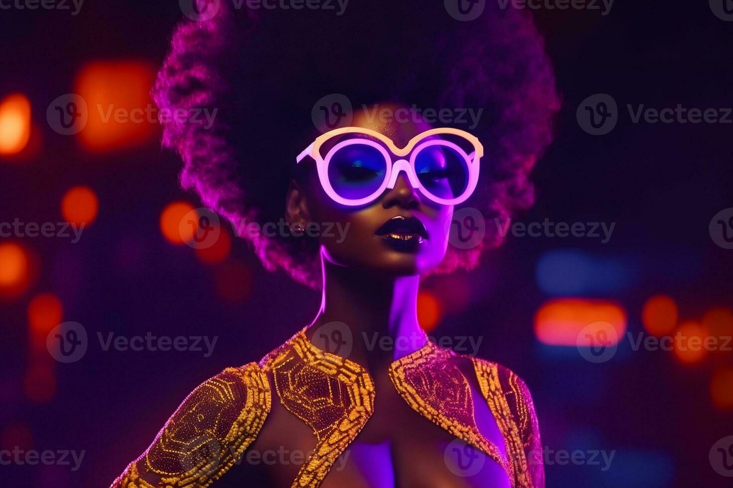 AI generated neon portrait of a girl with glasses. Neural network AI generated photo
