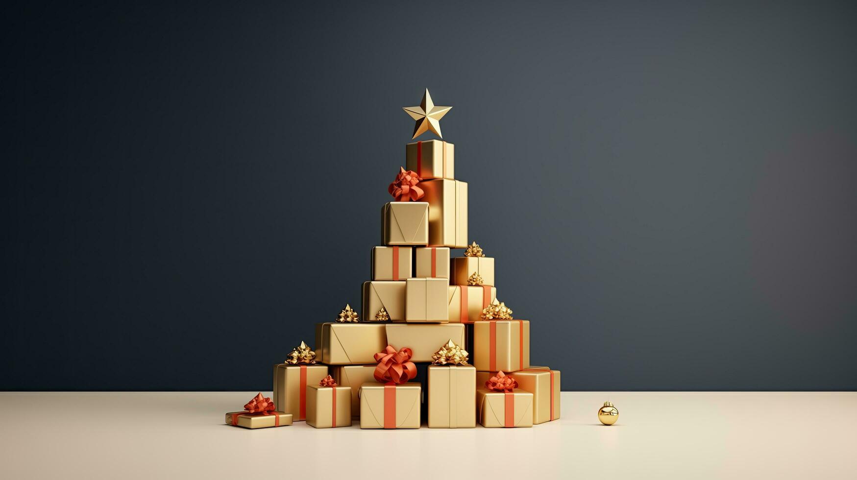 AI generated Golden gift boxes stacked up in tree shape, minimal background photo