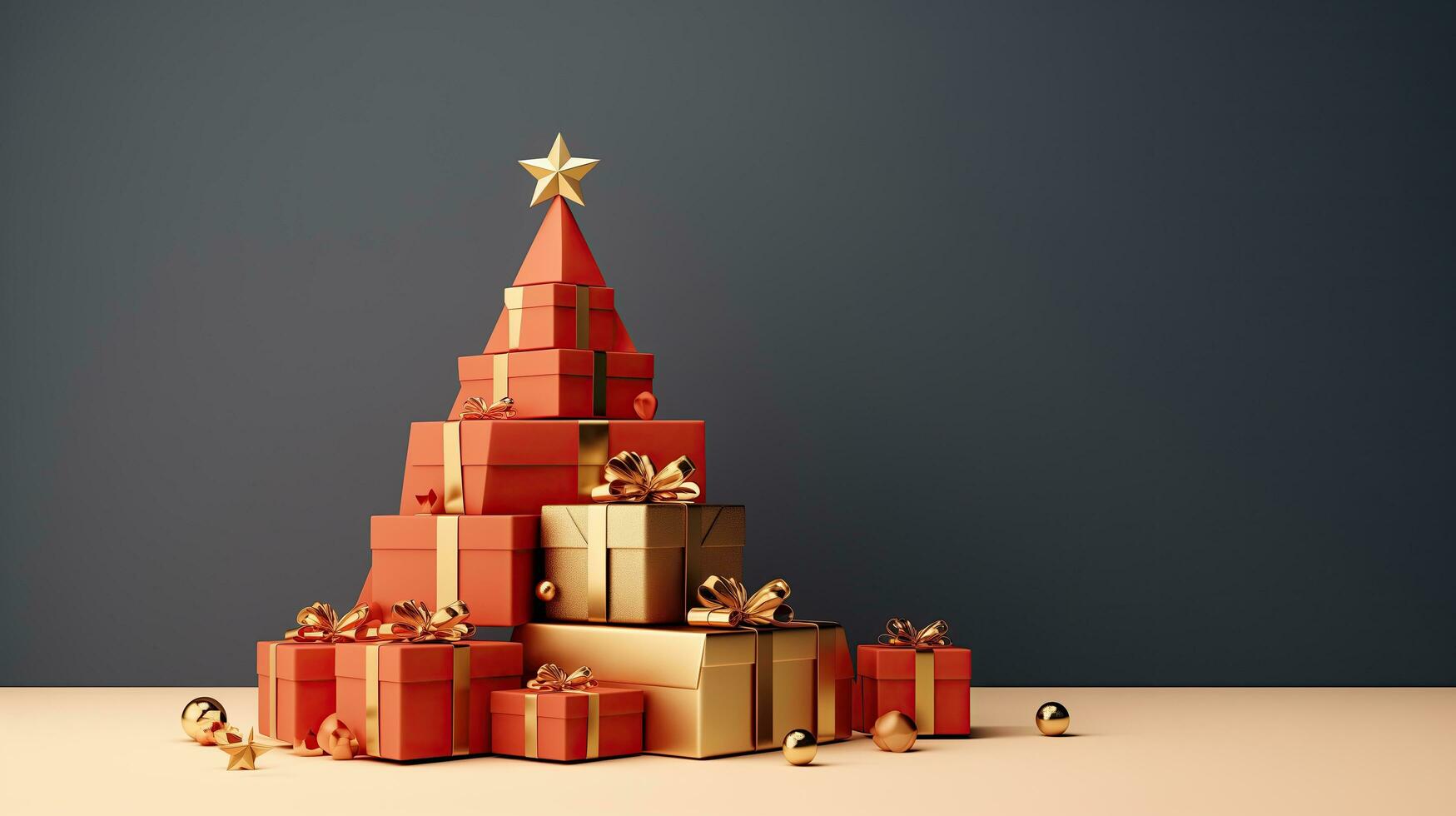 ai generado rojo y dorado regalo cajas apilado arriba en árbol forma, mínimo antecedentes foto