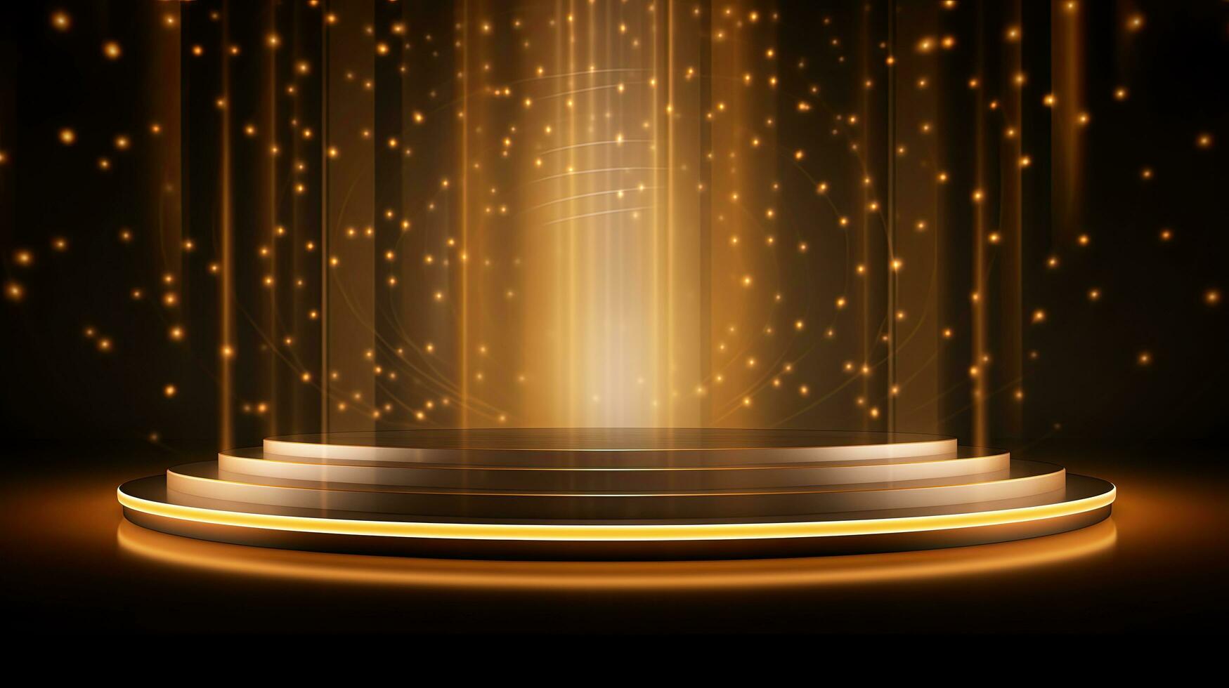 AI generated Podium with golden light rays background, Golden light shiny award stage photo