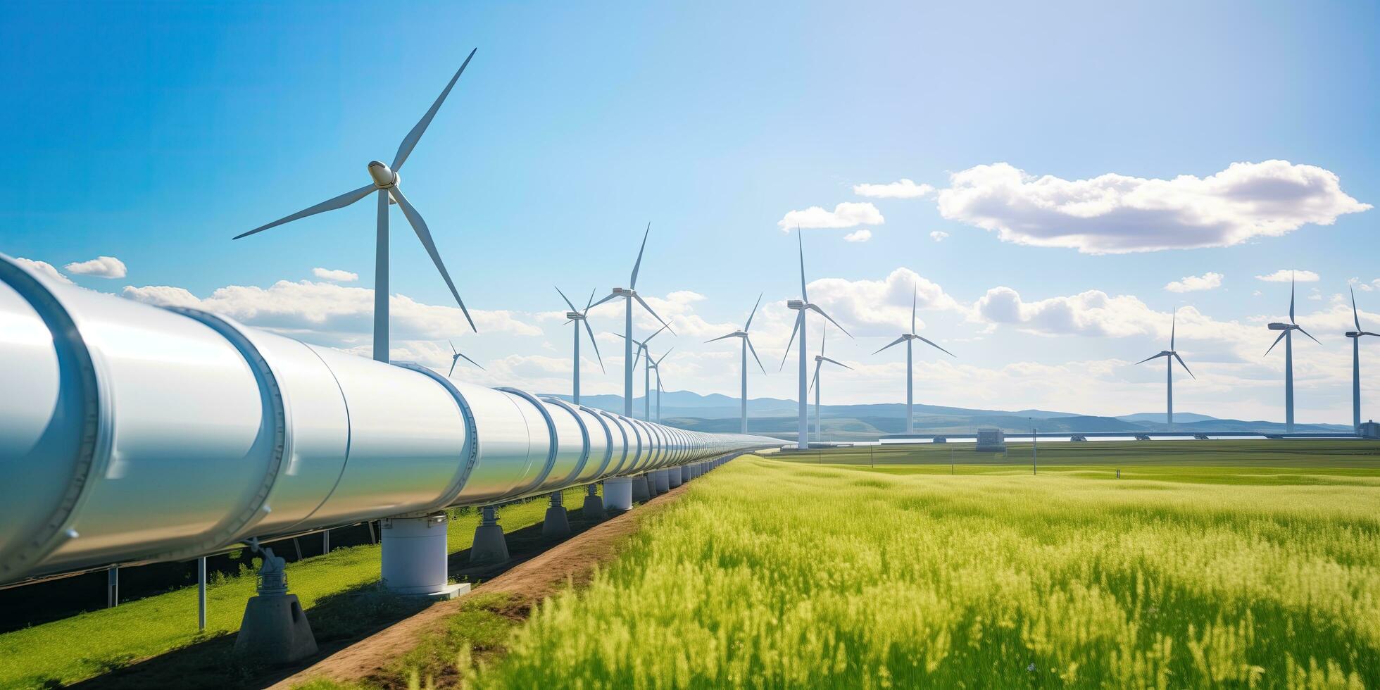 ai generado hidrógeno tubería y viento turbinas en verde campo, electricidad producción, verde energía concepto foto