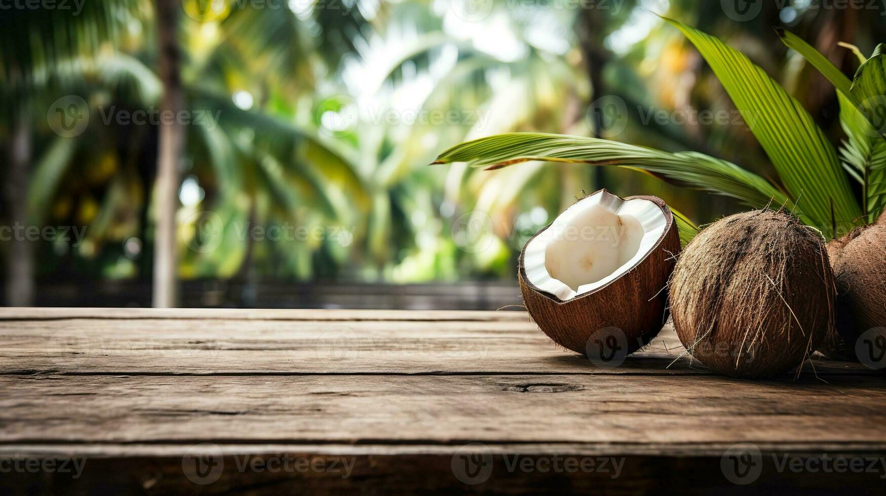 AI generated Product display rustic old wooden boards table with coconut farm in background. photo