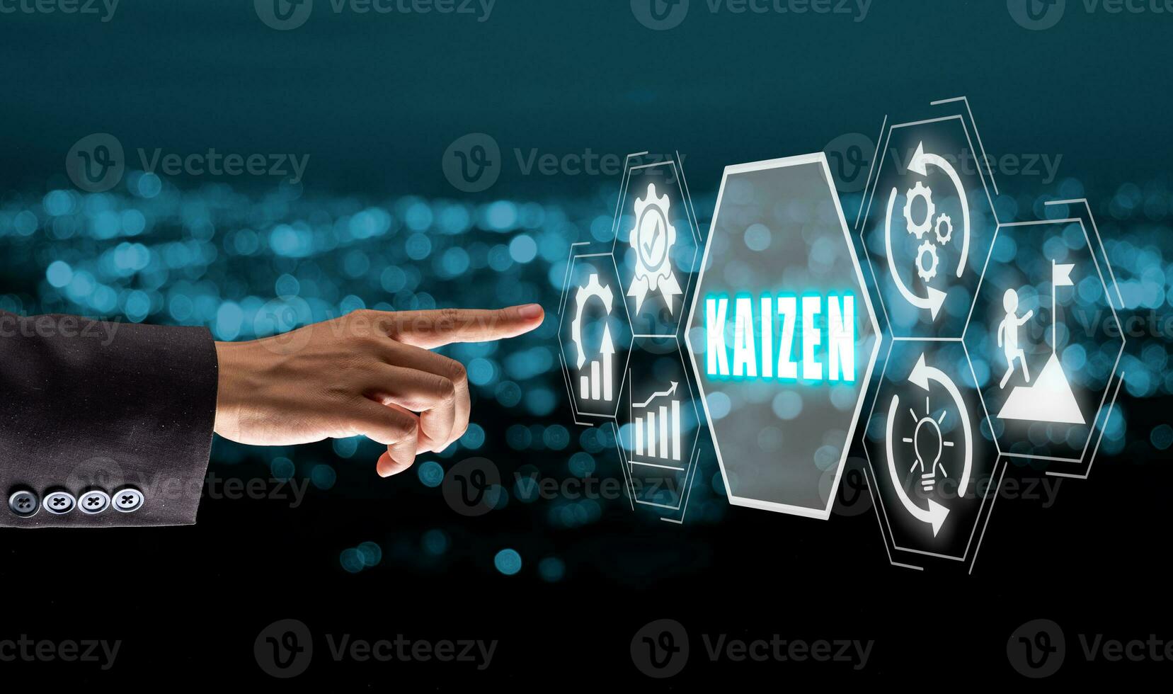 Kaizen concept, Business woman hand touching kaizen icon on virtual screen with blue bokeh background. photo