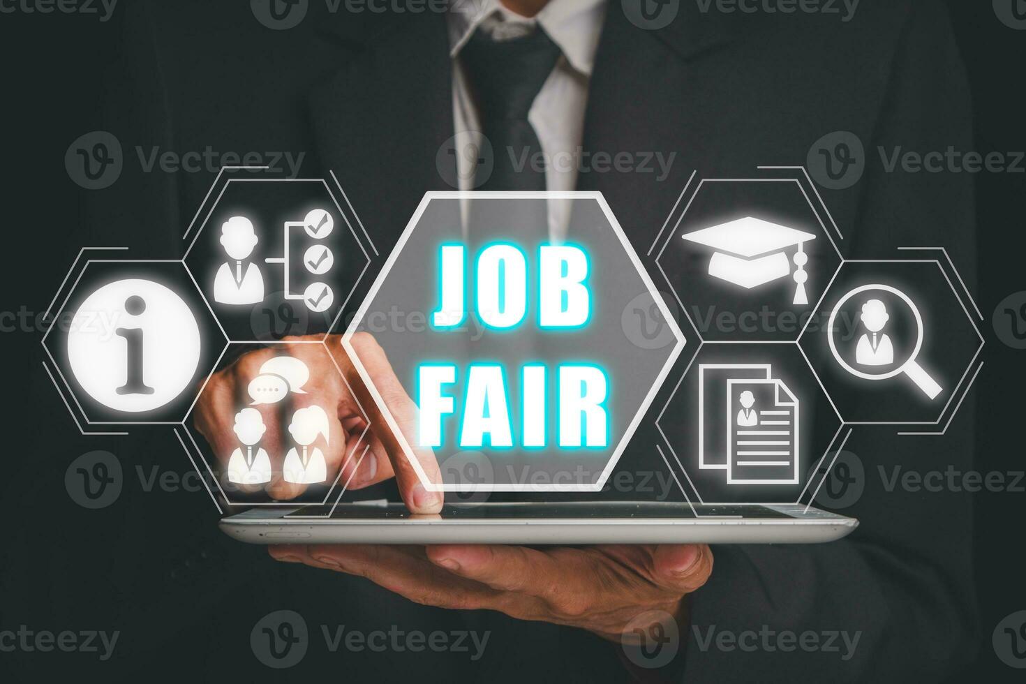 Job fair concept, Businessman using digital tablet with job fair icon on virtual screen, Employers, recruitment agencies and job seekers. photo