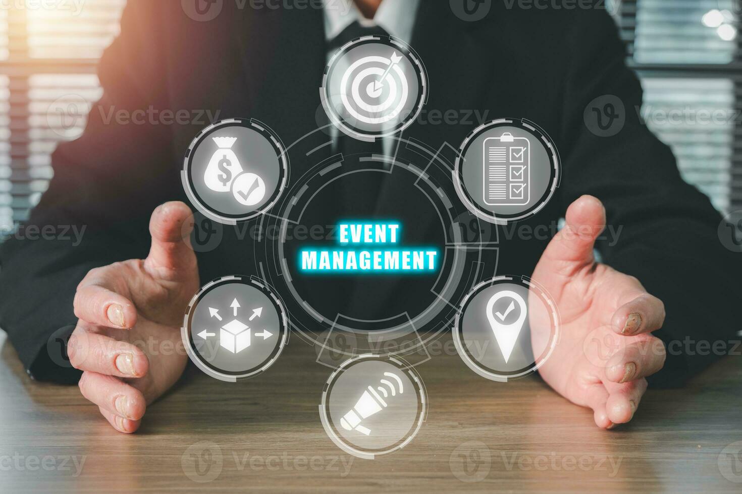 Event management concept, Businessman hand holding event management icon on virtual screen, scheduling, creativity, budget, location, coordinating, marketing, logistics. photo