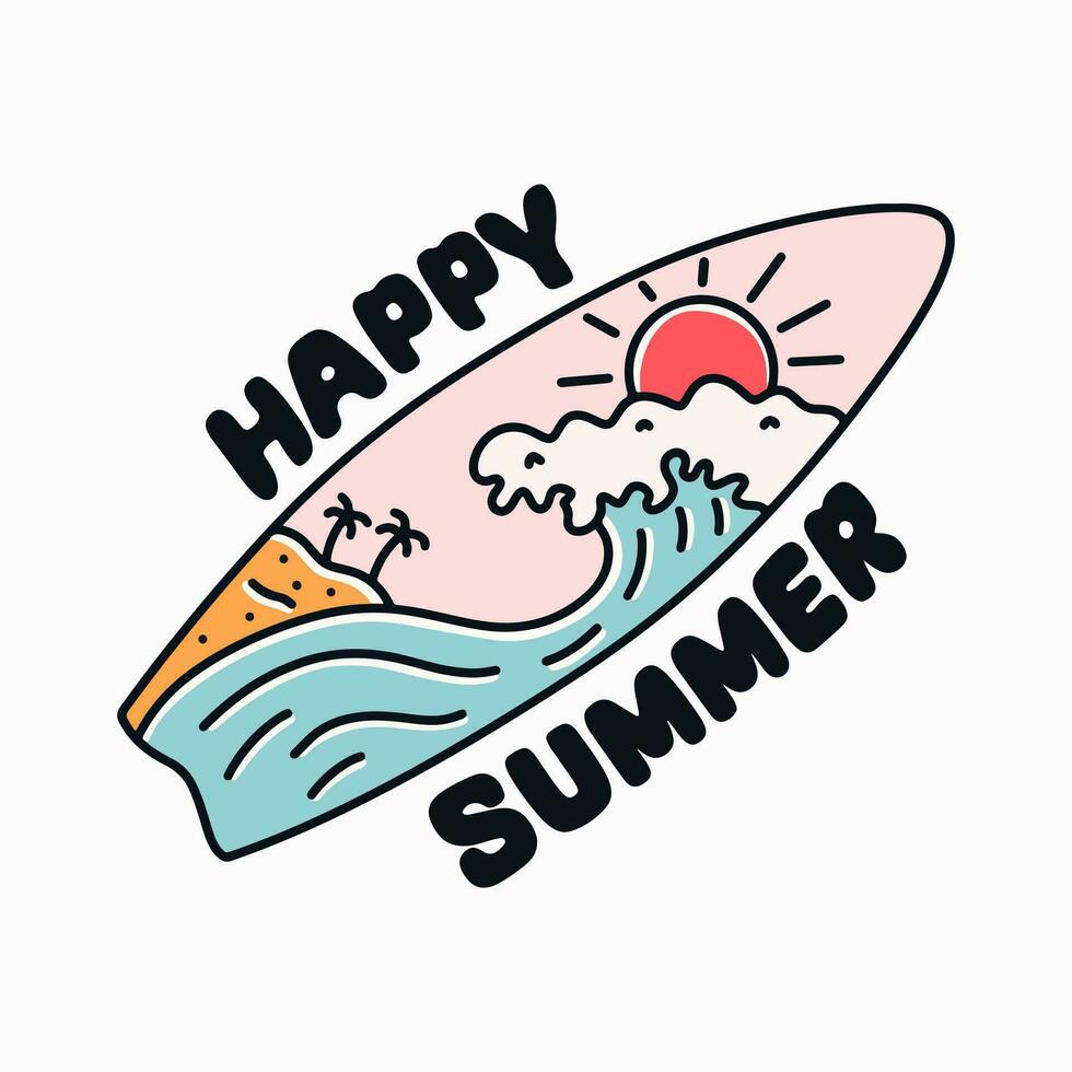 Happy summer the wave and the island in surfboard shape vector