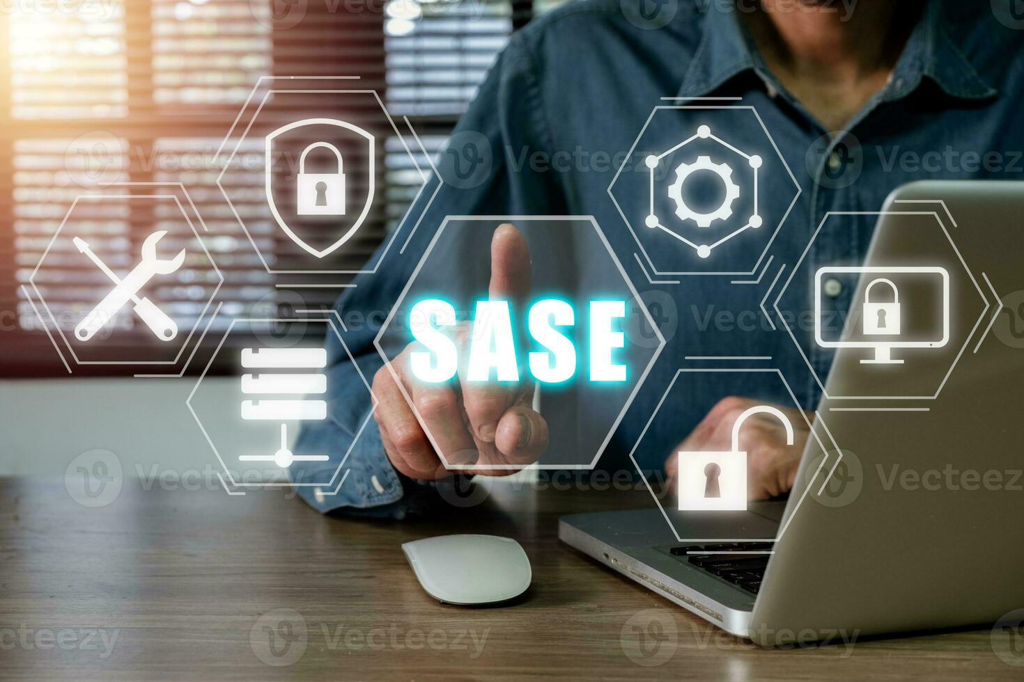 SASE, Secure Access Service Edge concept, Person hand touching Secure Access Service Edge icon on virtual screen background, password, network, framework and support. photo