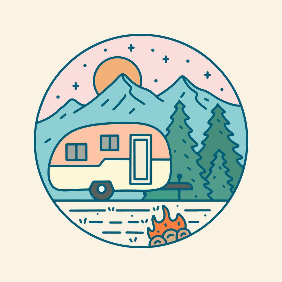 Happy camping with the caravan illustration for badge, sticker, patch, t shirt design, etc vector