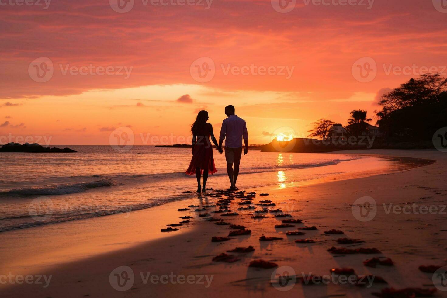 AI generated Hearts shape in the sand at the beach of sunset warm light. photo