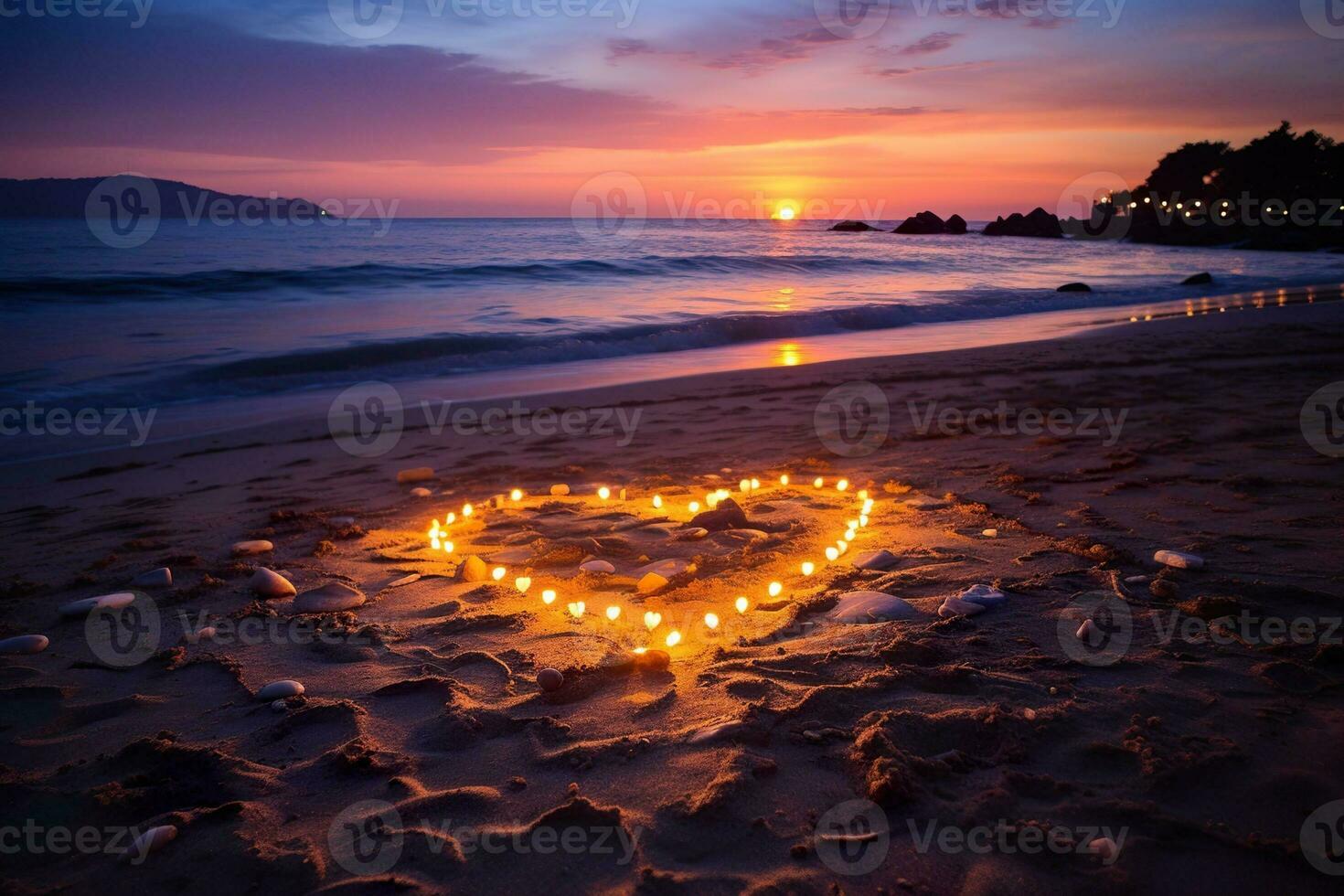 ai generado corazones forma en el arena a el playa de puesta de sol calentar ligero. foto