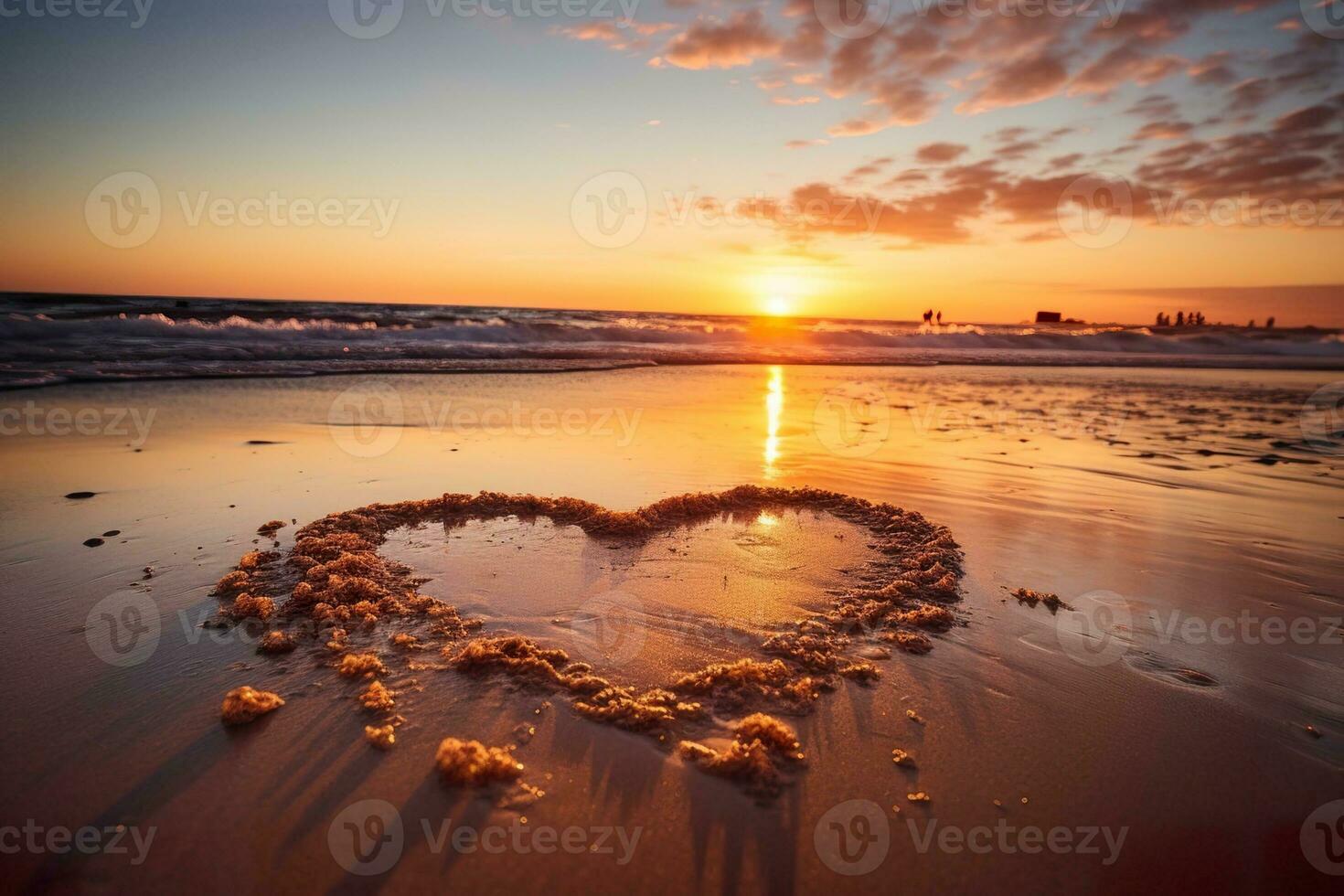 ai generado corazones forma en el arena a el playa de puesta de sol calentar ligero. foto