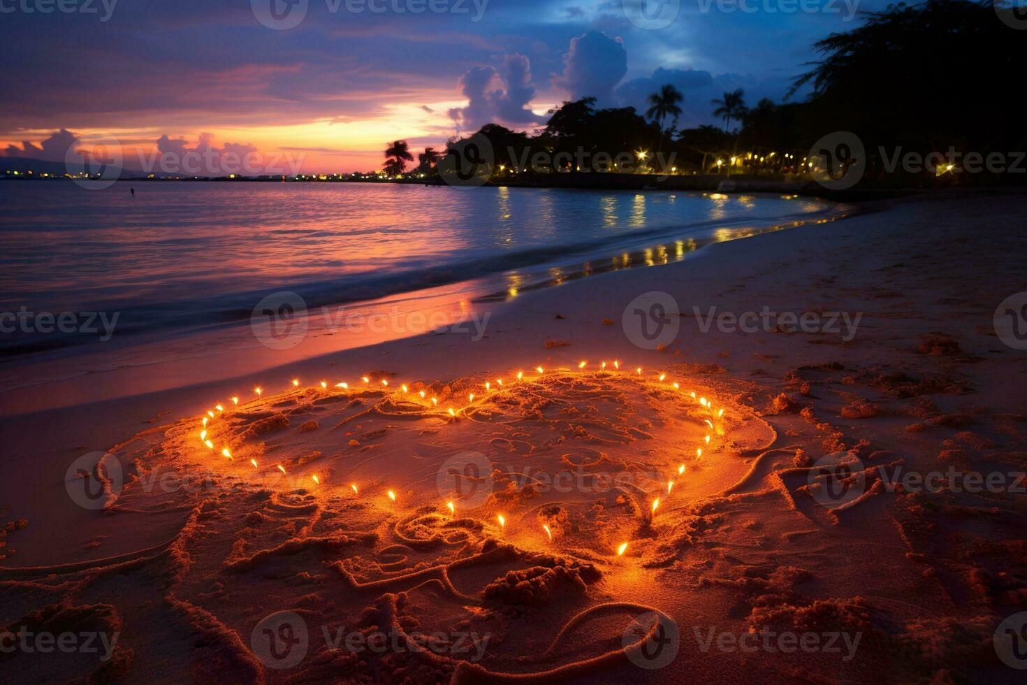 AI generated Hearts shape in the sand at the beach of sunset warm light. photo
