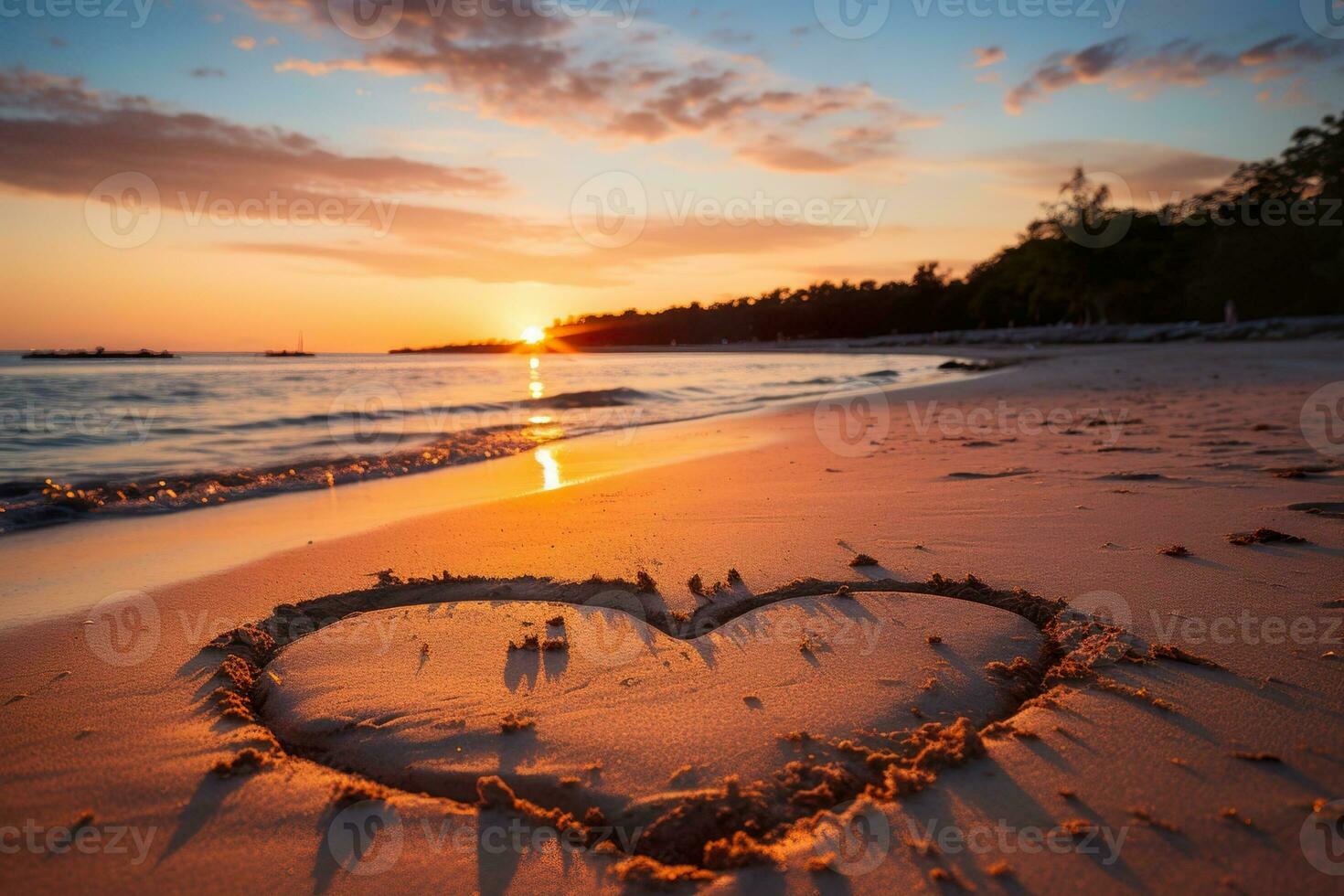 ai generado corazones forma en el arena a el playa de puesta de sol calentar ligero. foto