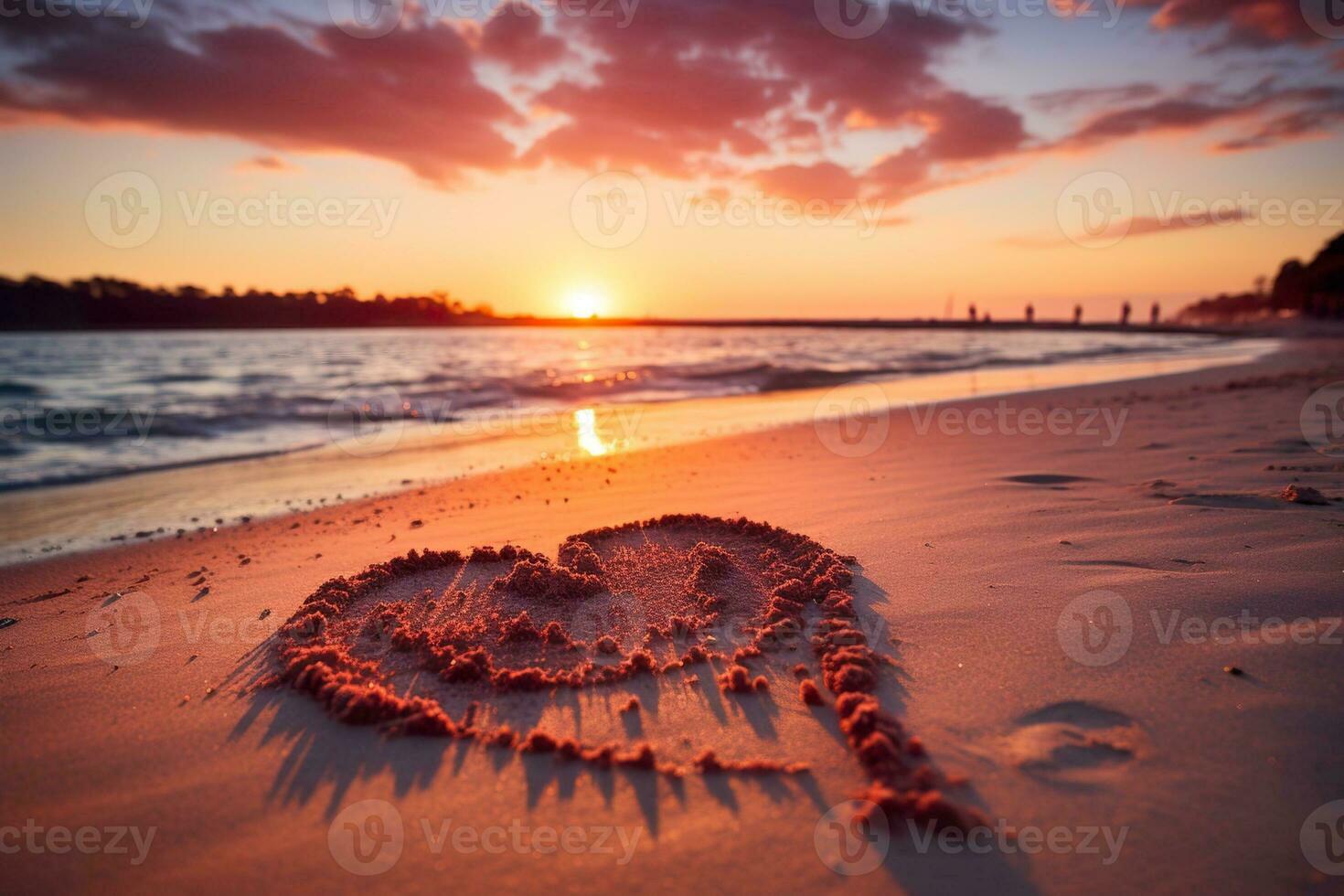 ai generado corazones forma en el arena a el playa de puesta de sol calentar ligero. foto