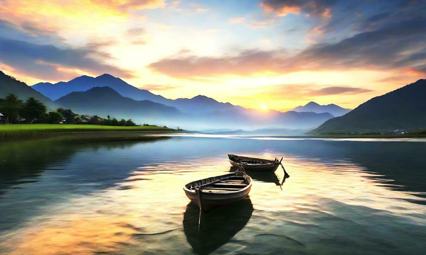 AI generated beautiful photograph of a small lake with a focus on a wooden rowboat and amazing clouds in the sky photo