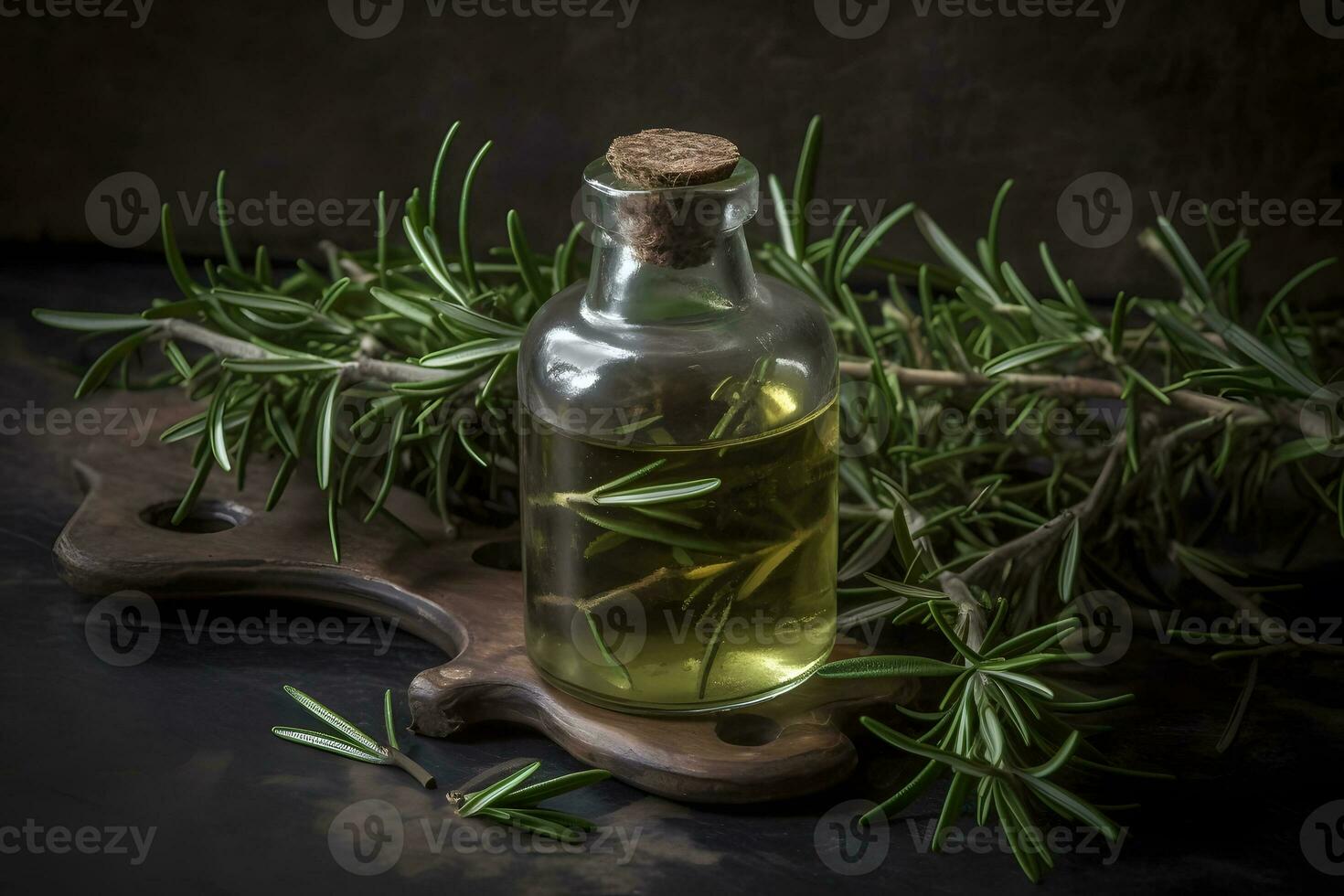 AI generated Bottles of pine essential oil and tree branch. Neural network AI generated photo