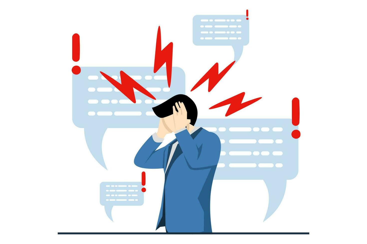 Panic concept, Businessman character covers ears with hands to stop noise with speech bubble. Fake news, boosting, advertising noise, disinformation. flat vector illustration on white background.