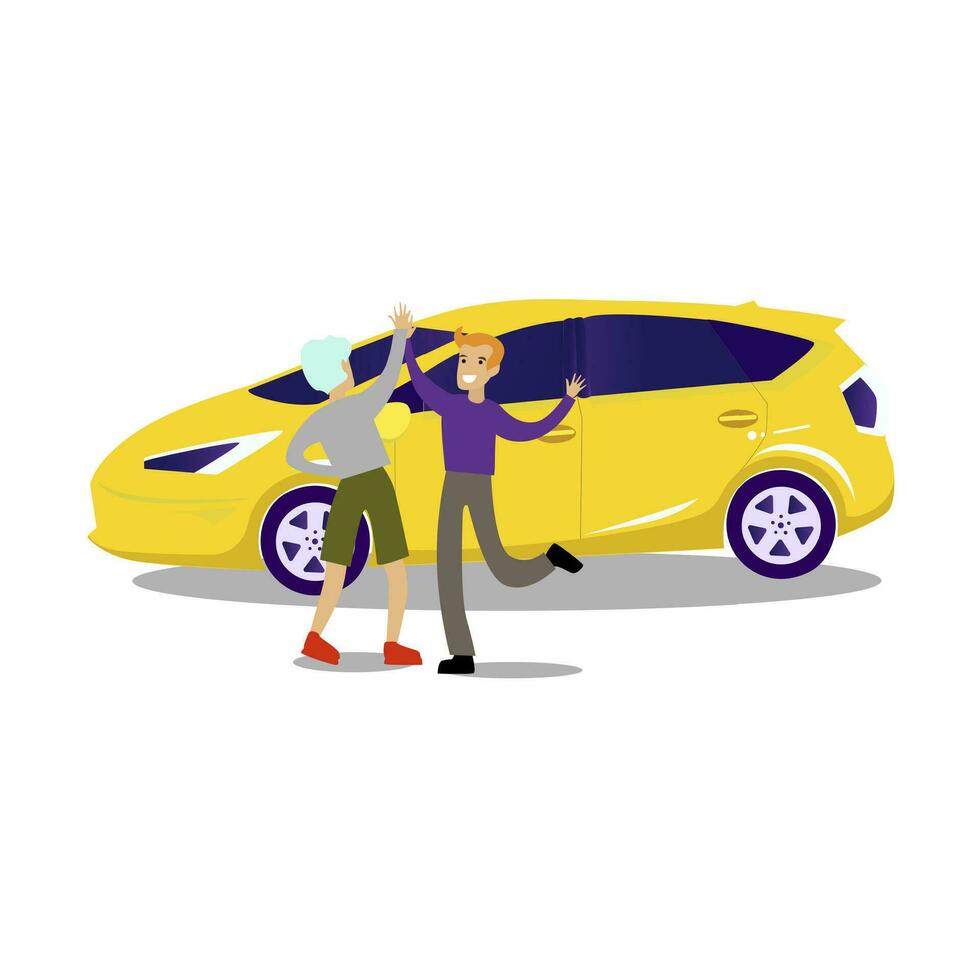 Successful deal, man buy new car. Vector man rent auto, happy buyer enjoy from purchase illustration