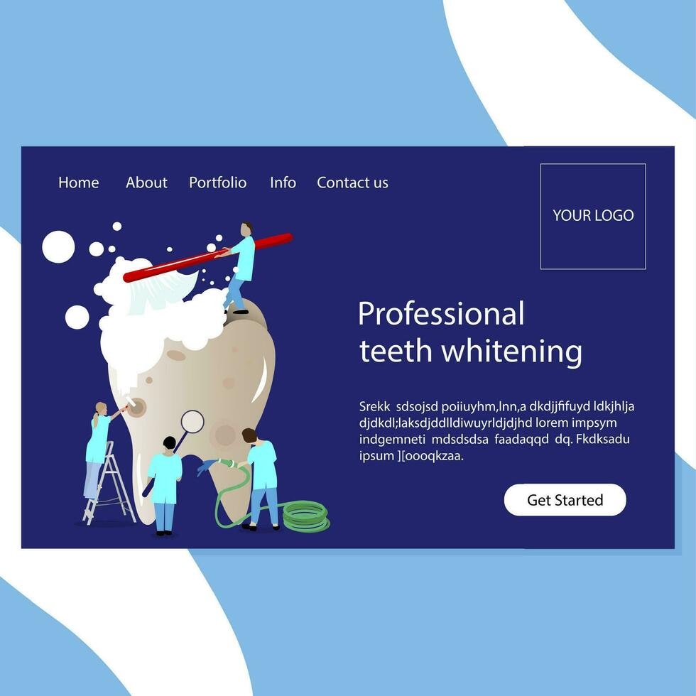 Teeth whitening and stomatology clinic website page. Professional team dentists do whitening. Clean teech, wash and recovery . Vector illustration