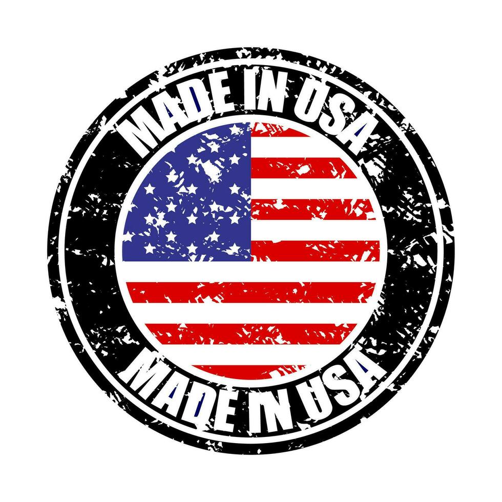 Made in USA, colored rubber stamp. Vector united states manufacture stamp, fabricated in america, usa manufacturer, origin produce illustration. Imprint rubber stamp with USA flag