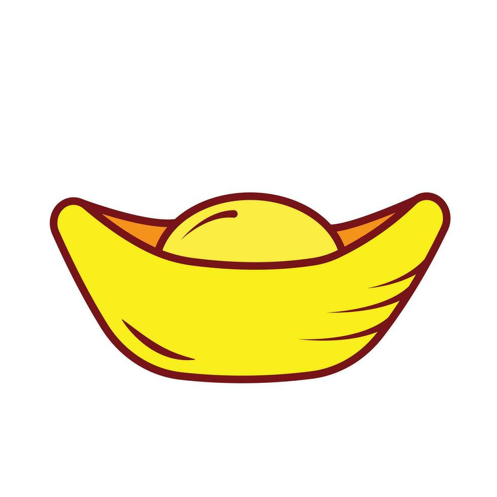 Sycee chinese gold ingot colored vector icon illustration with outline isolated on plain white background. Lunar chinese new year themed drawing decoration traditional currency.