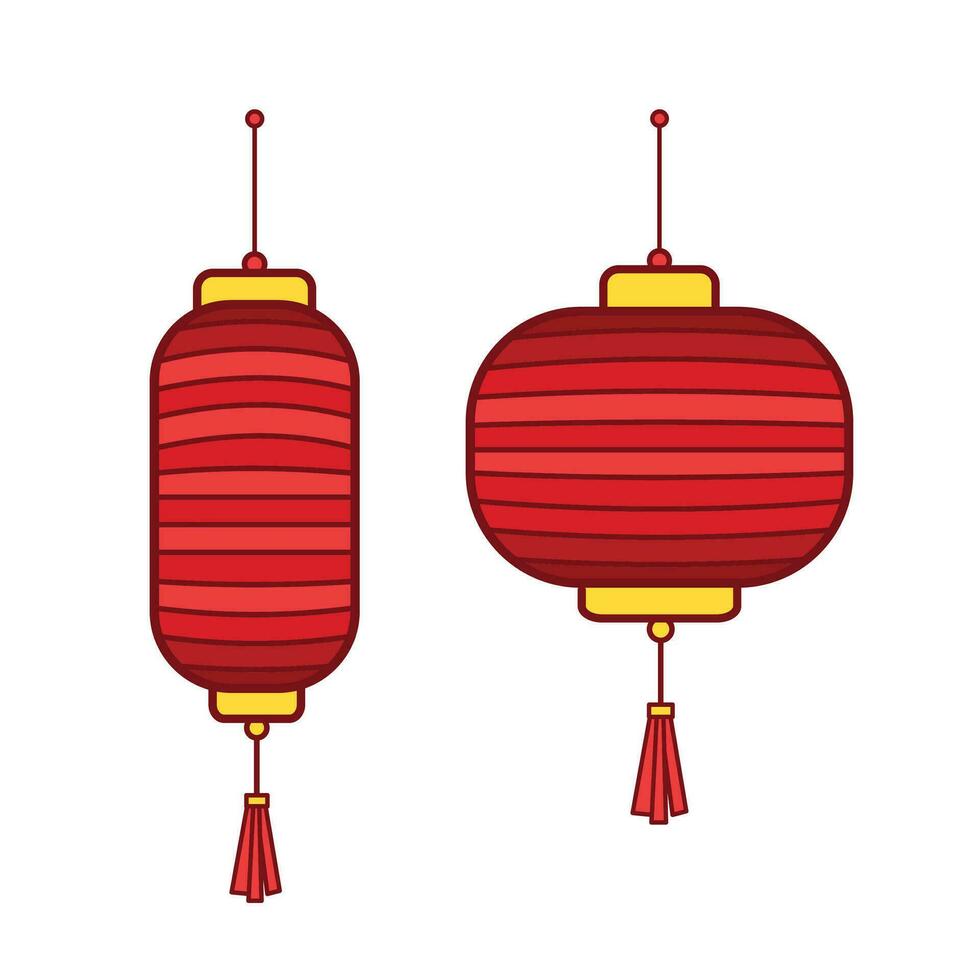 Chinese New Year Lunar lantern colored vector icon illustration set collection with outline isolated on plain white background. Lunar chinese new year themed interior decorative element drawing.