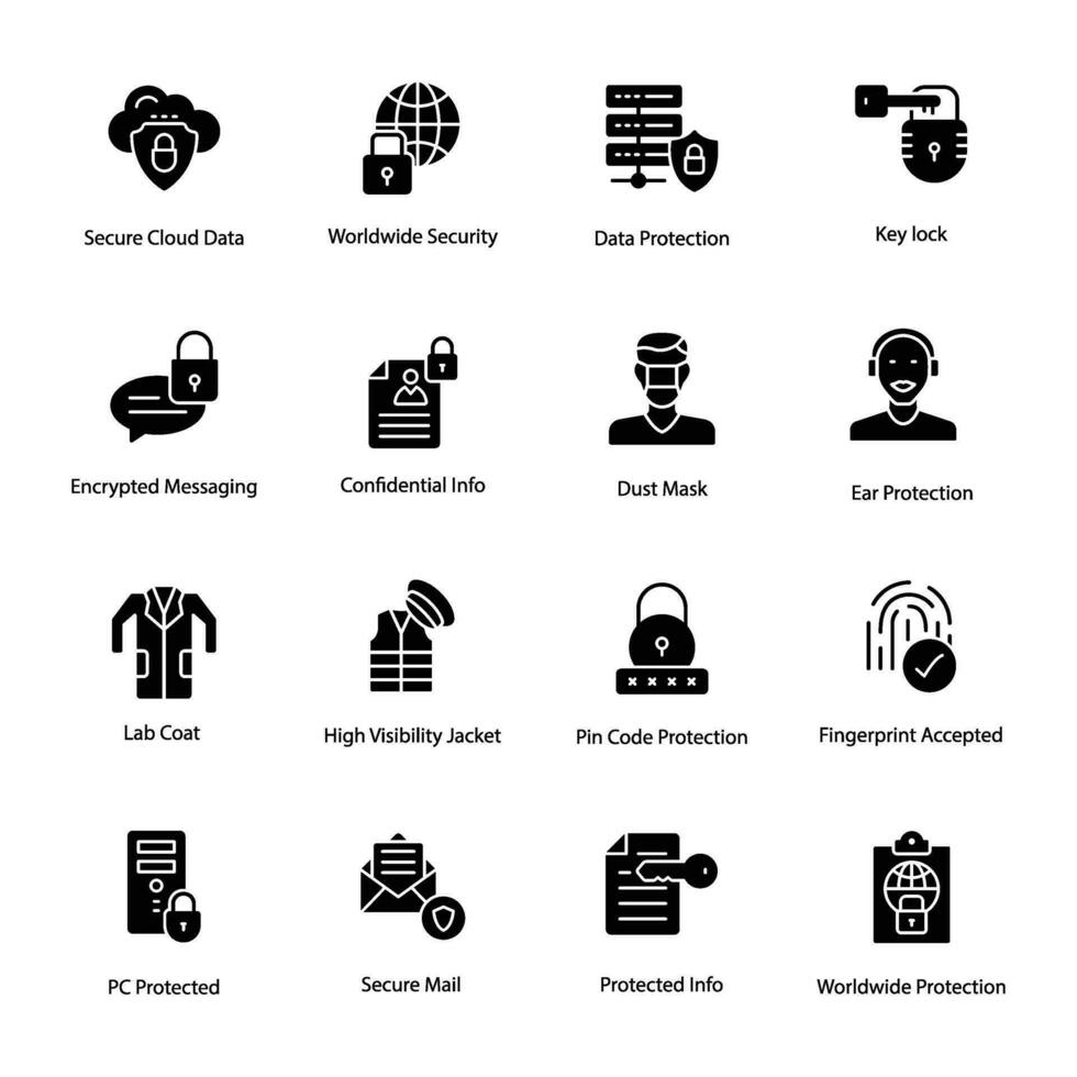 Protection and Cybersecurity Glyph Vector Icons Set