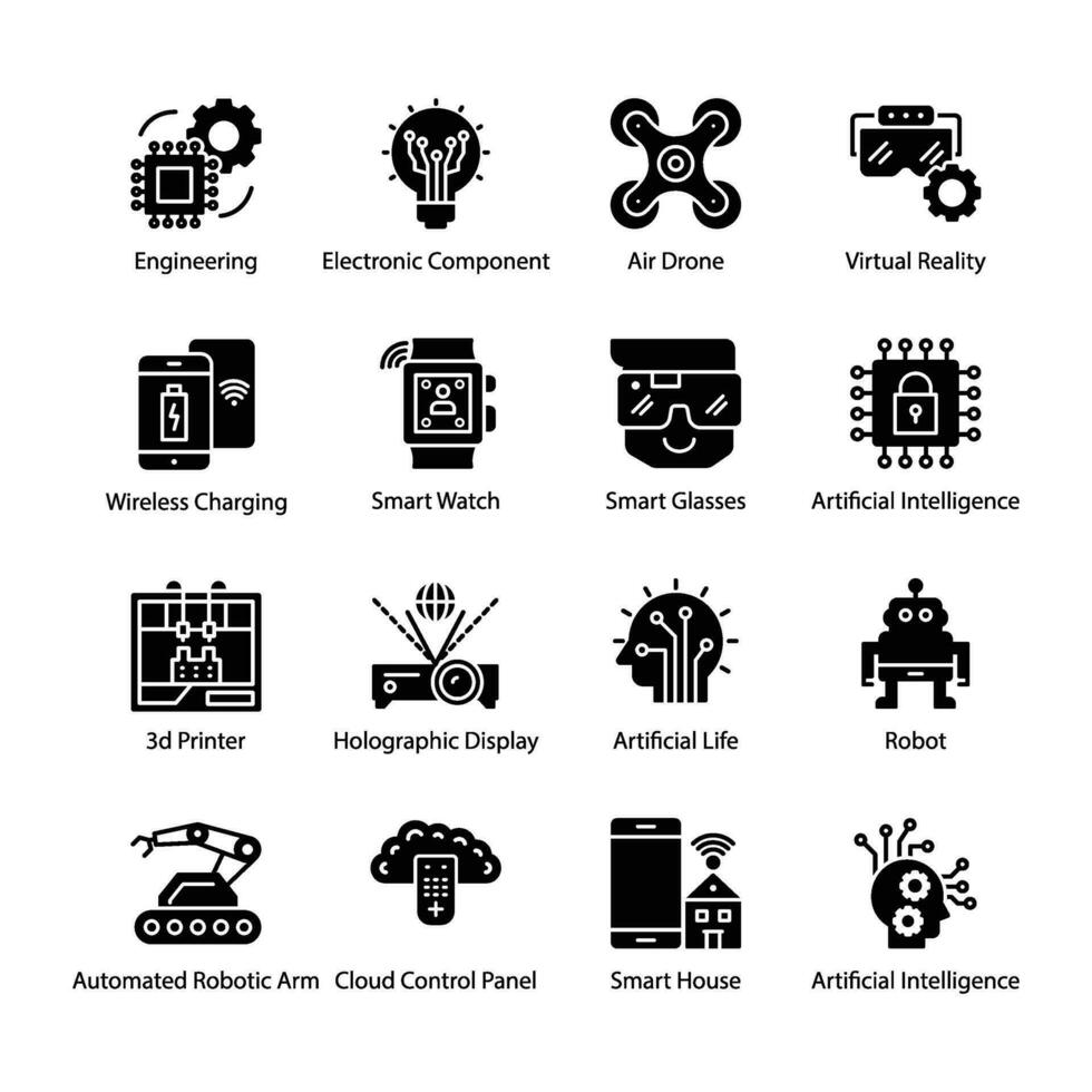 AI and Reality Glyph Vector Icons Set