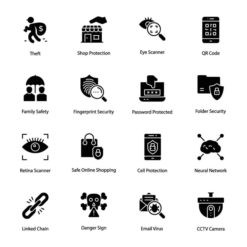 Crime Protection Glyph Vector Icons Set