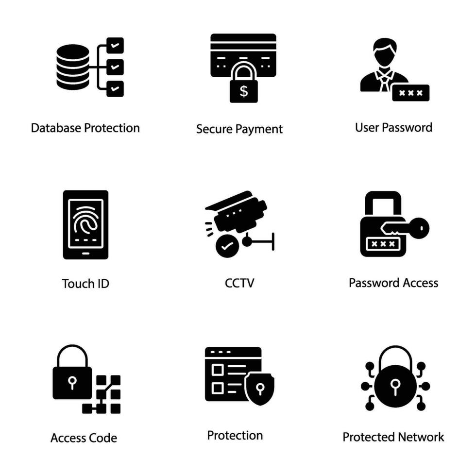 Data Protection and Cybersecurity Glyph Vector Icons Set