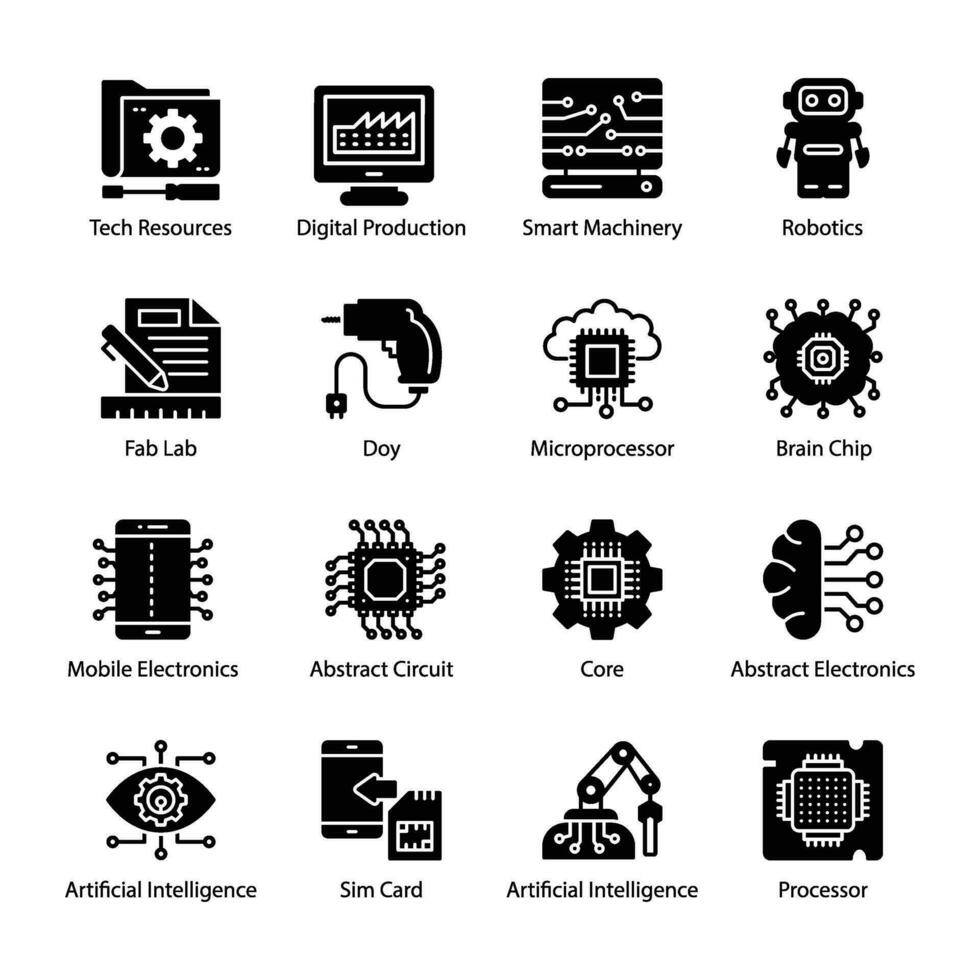 AI and Virtual Reality Glyph Vector Icons Set