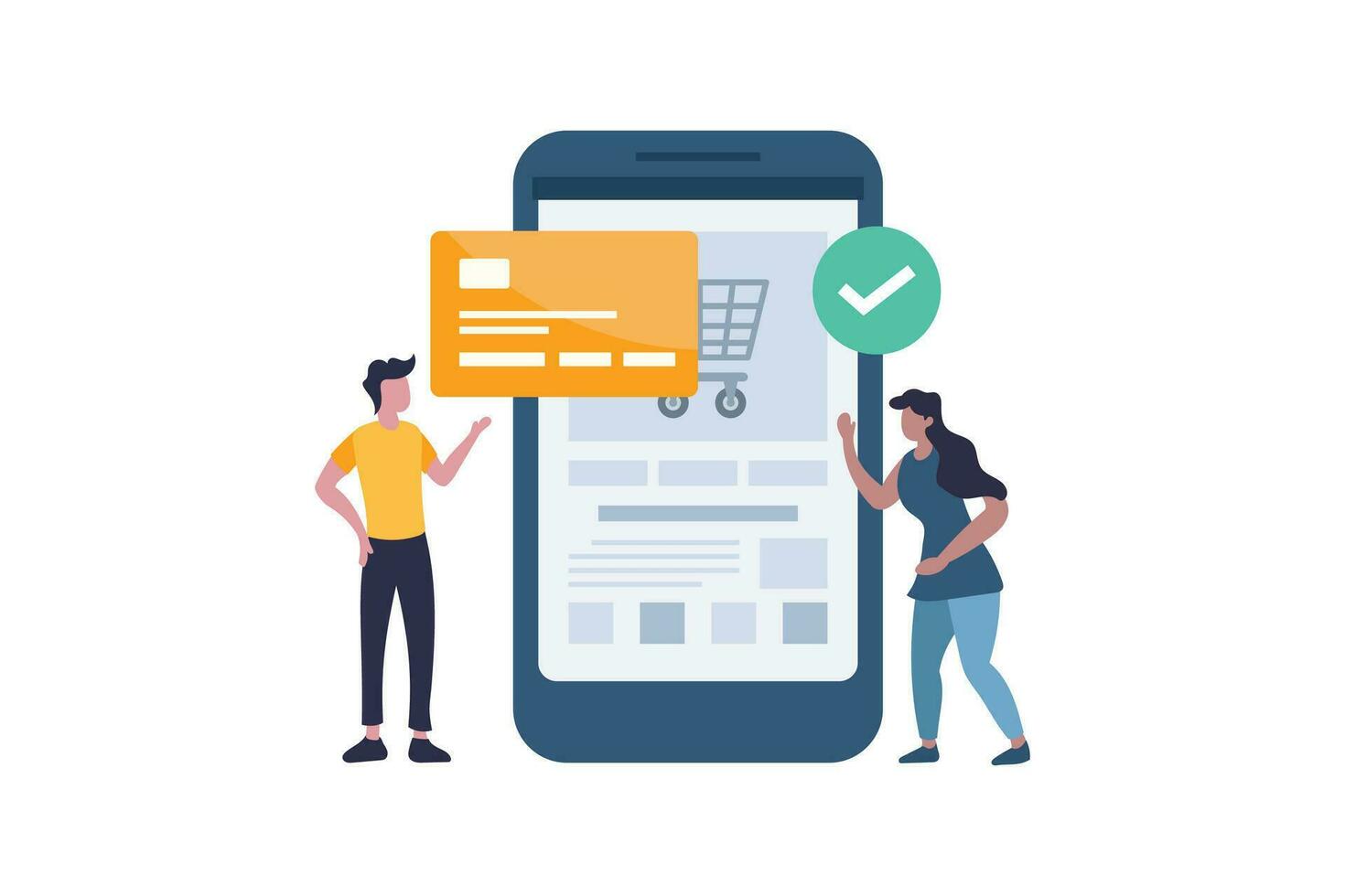 Man making contactless payment with debit credit card in online shop. Vector illustration