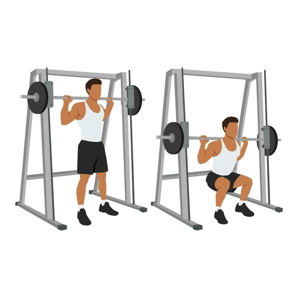 Man doing smith machine barbell squat exercise. vector