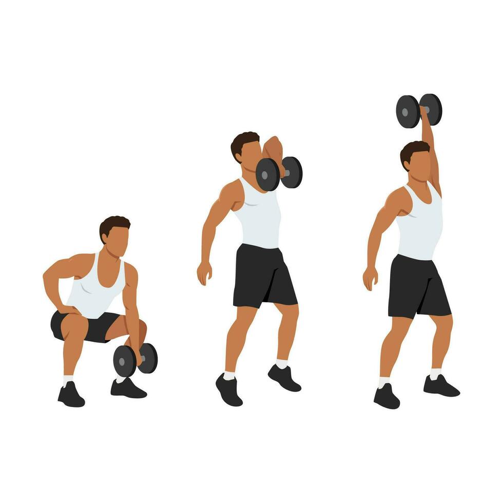 Man doing one arm dumbbell snatch exercise. vector