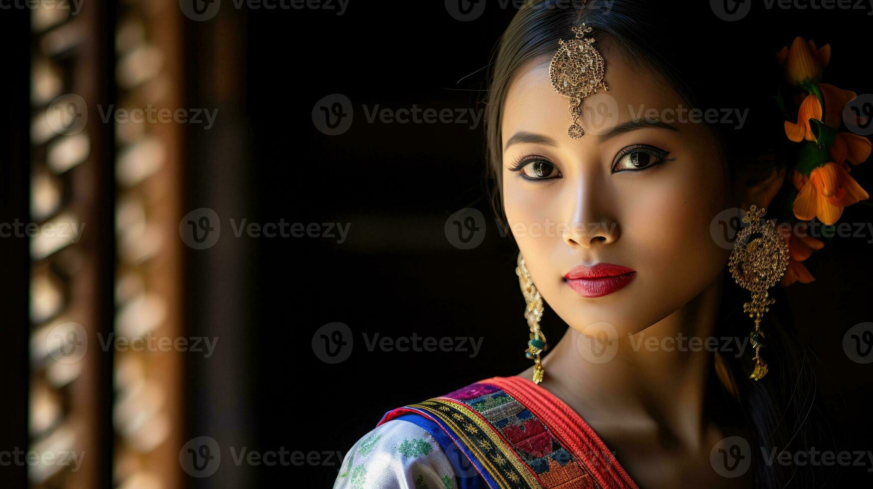 AI generated Beautiful Thai girl in traditional dress costume. Traditional culture photo