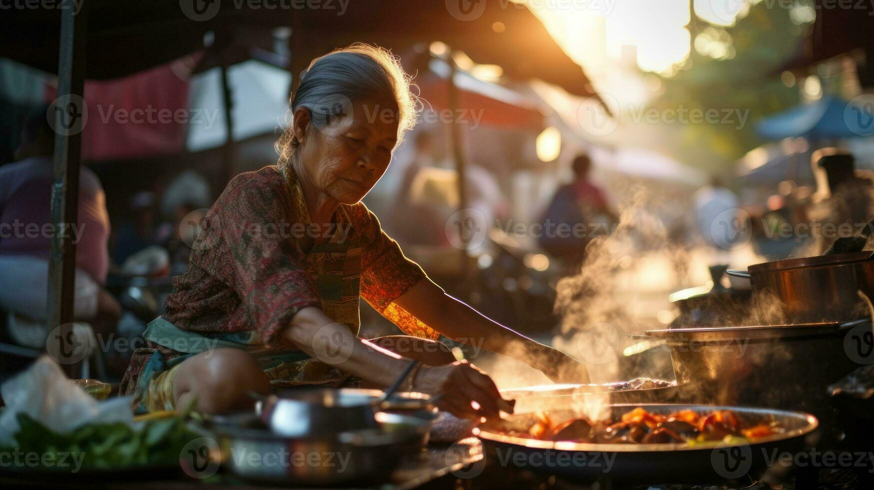 ai generado tailandés mujer Cocinando comida en el calle. asiático tailandés local calle comida foto