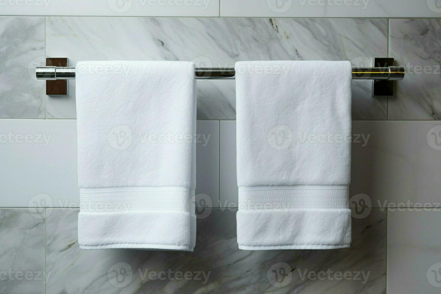 AI generated Bathroom elegance White towel hanging in a marble tiled wall bathroom photo