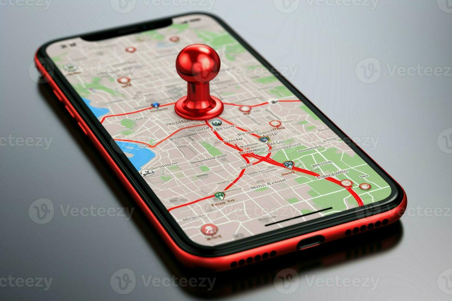 AI generated Digital navigation Smartphone display with 3D red map pointer icon photo