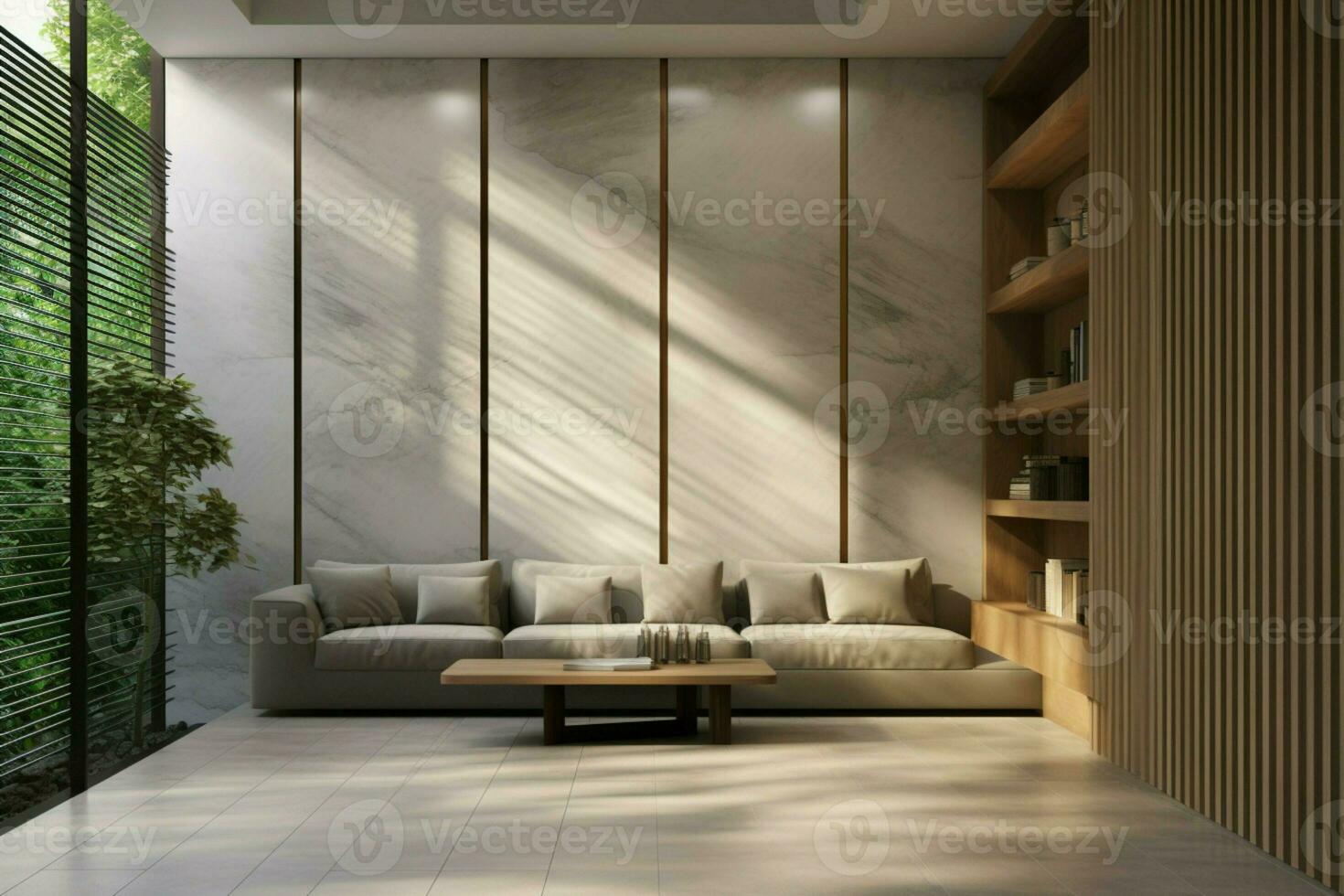 AI generated Contemporary living Empty room with natural tones, 3D rendering illustration photo