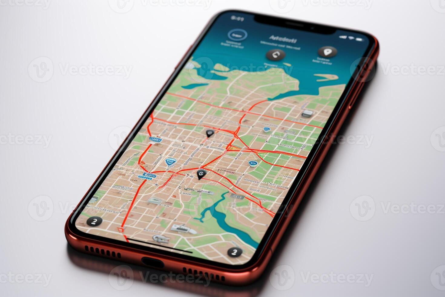 AI generated Digital navigation Smartphone display with 3D red map pointer icon photo