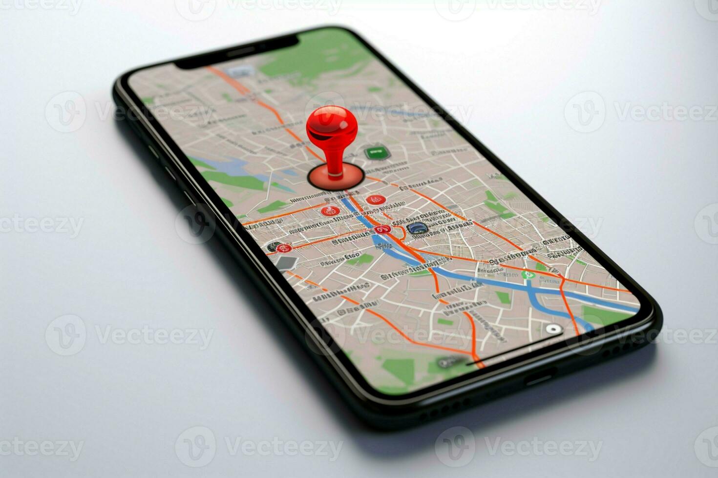 AI generated Mobile mapping 3D render of smartphone with red map pointer photo