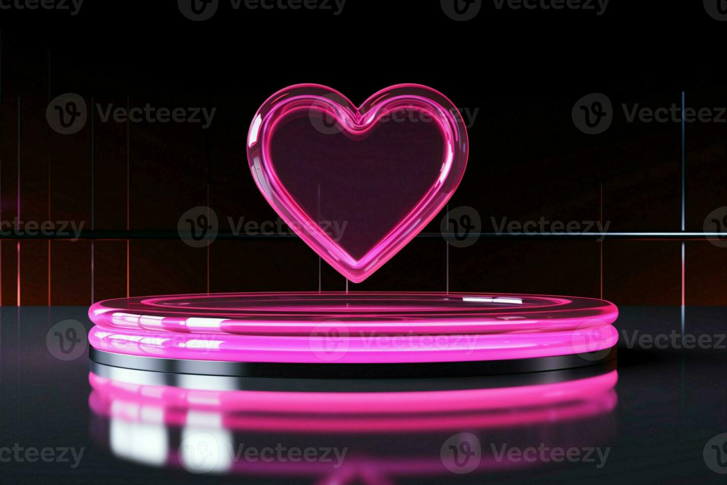 AI generated Valentines elegance Neon heart outlines, pink podium in reflective setting photo