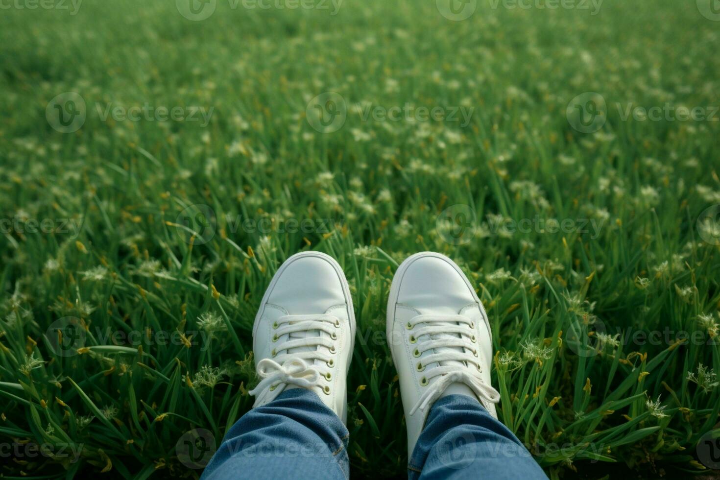 ai generado primavera vibraciones pies en blanco zapatillas en Fresco verde césped foto