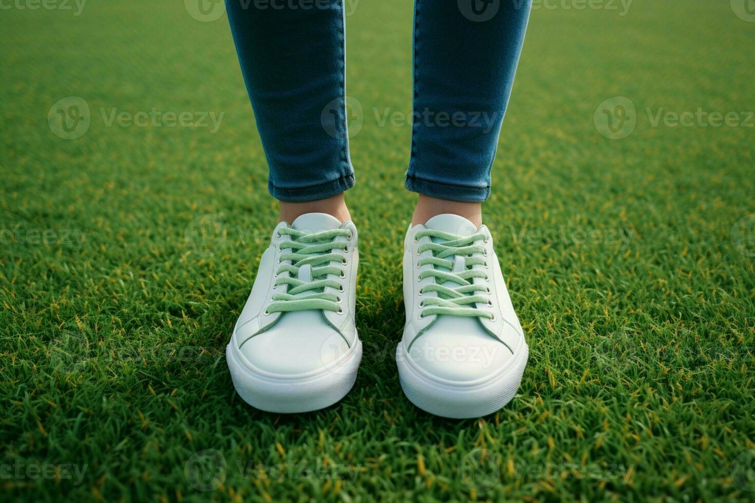 AI generated Spring selfie Feet in white sneakers on green grass background photo