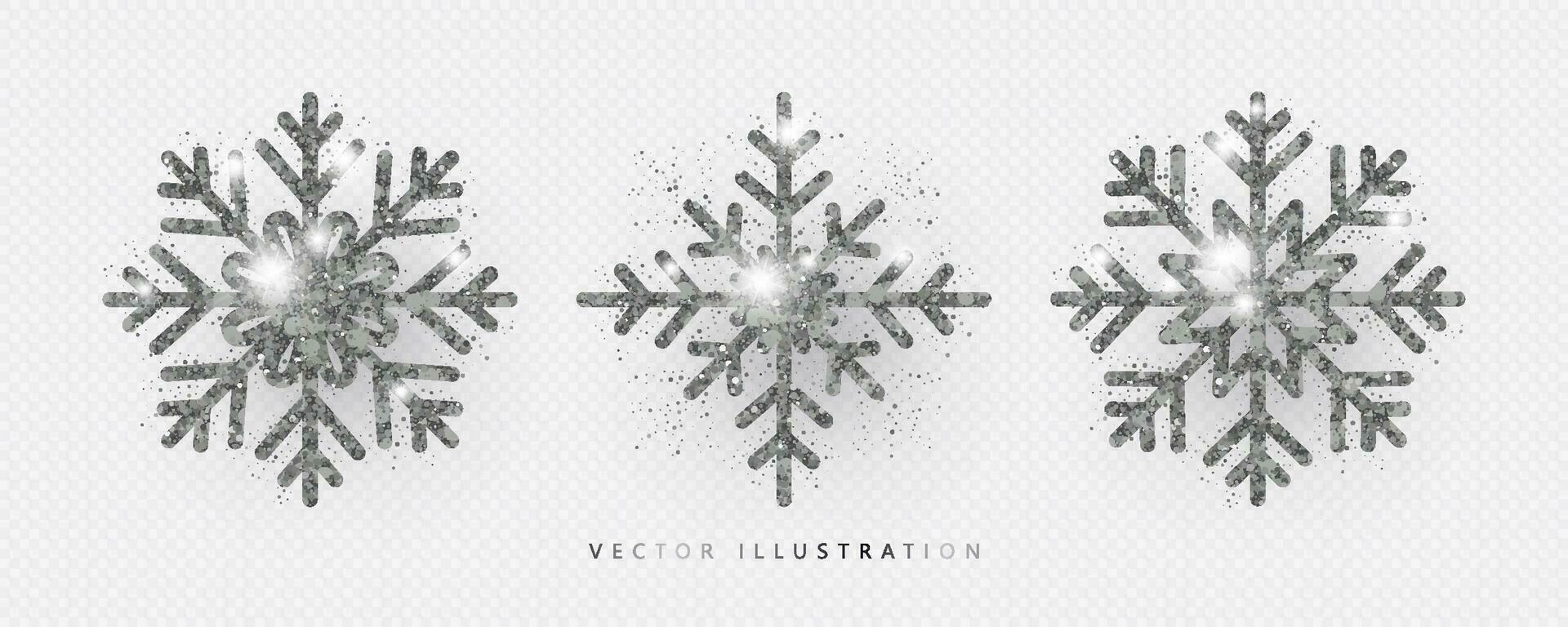 Set of silver glitter snowflakes. Christmas, Winter symbol. Vector illustration