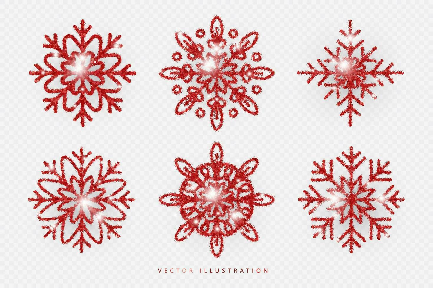 Set of red glitter snowflakes. Christmas, Winter symbol. Vector illustration
