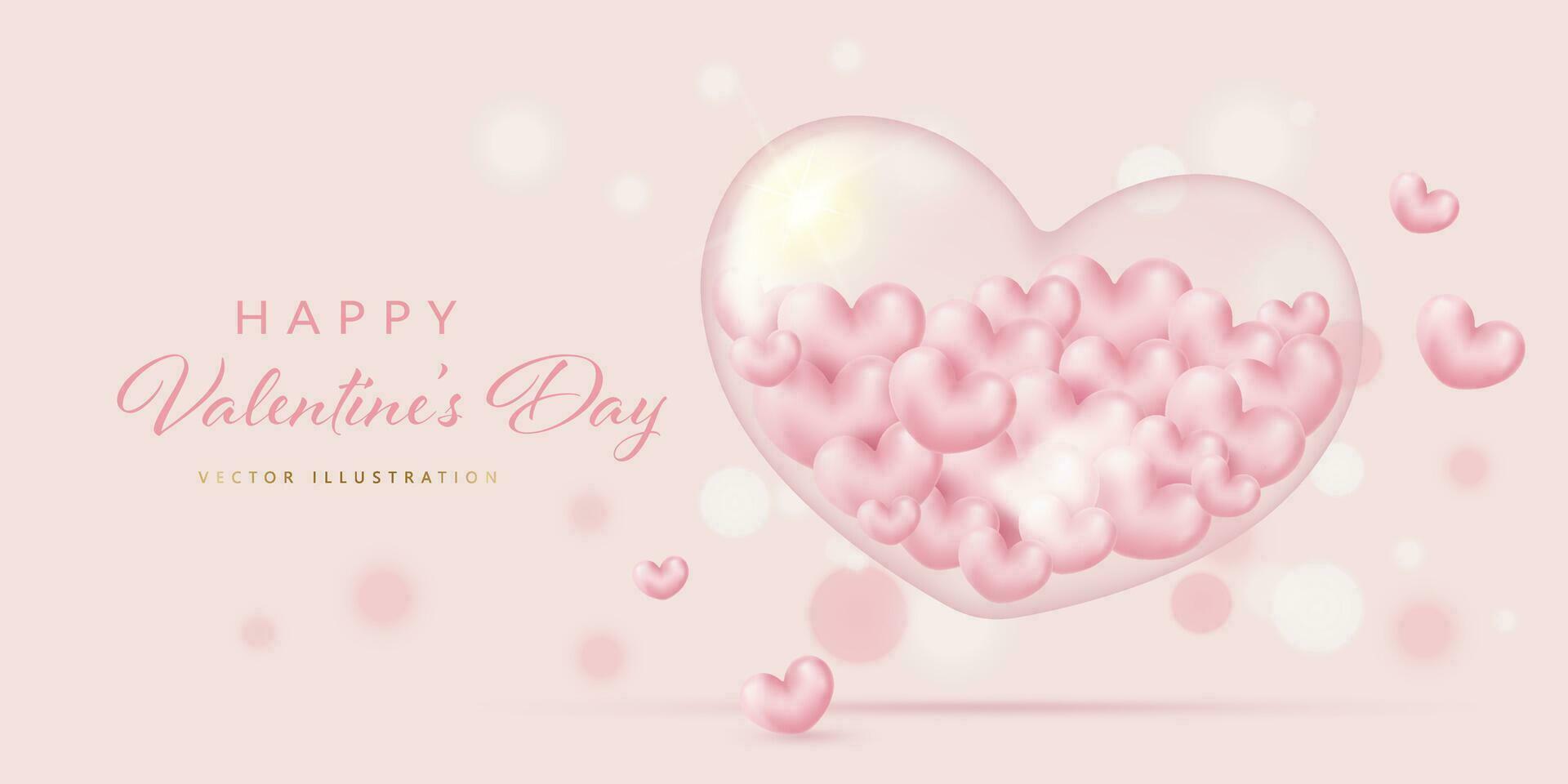 Valentines Day Elegant Banner with Transparent Glass Heart with small pink hearts inside. Vector illustration