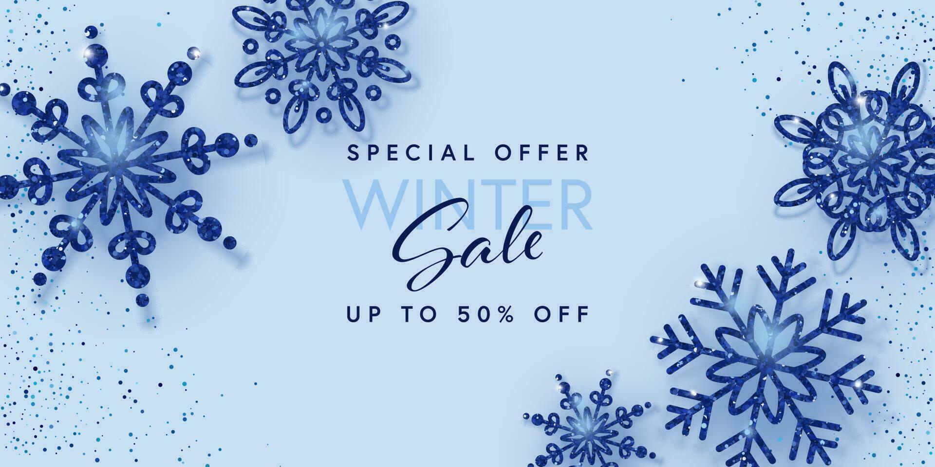 Winter Sale Banner with Dark Blue Glitter Snowflakes. Merry Christmas and Happy New Year. Vector illustration